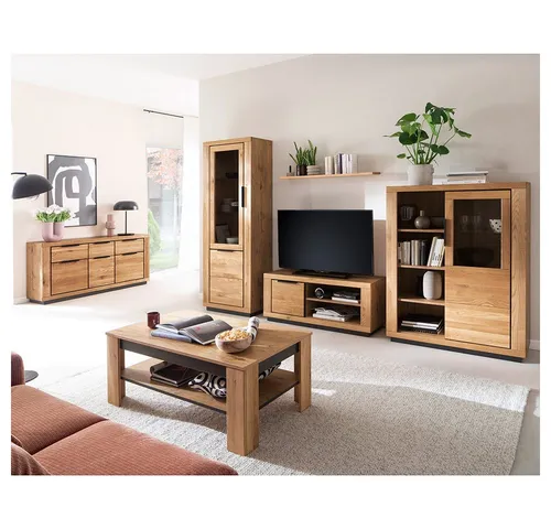 Lomadox Wohnwand GIUSTINO-06, (6-St., Sideboard Vitrine Wandboard Lowboard Highboard Couchtisch), Eiche teilmassiv geölt, Massivholzfronten