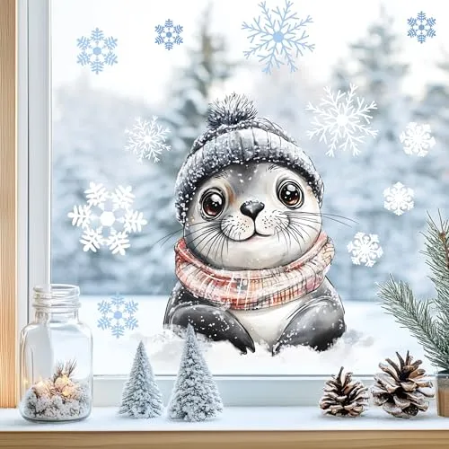 Sunnywall Fensterbilder Winter für Kinder Tiermotive in Winterszene als statisch haftende Fenstersticker, WIEDERVERWENDBAR (Robbe, A4 Bogen)