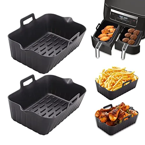 Alyvisun Silikonform für Heißluftfritteuse, 2 Stück Quadratische Heißluftfritteusen Backform, Air Fryer Silikon Einsatz Wiederverwendbar, Schwarz