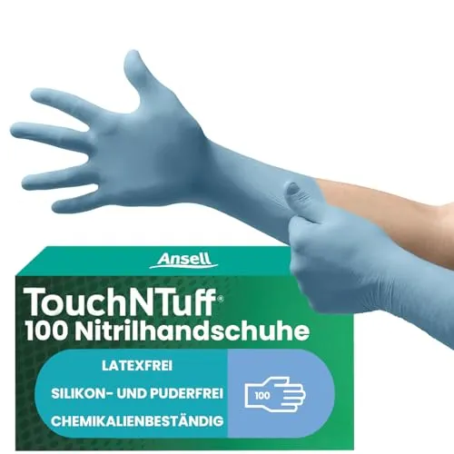 Ansell TouchNTuff 92665090 Nitril Einweghandschuhe, Größe L - Einweghandschuhe mit extremer Chemikalienbeständigkeit und strukturierten Fingerspitzen für sicheren Griff, ideal für Labor und Lebensmittelverarbeitung.