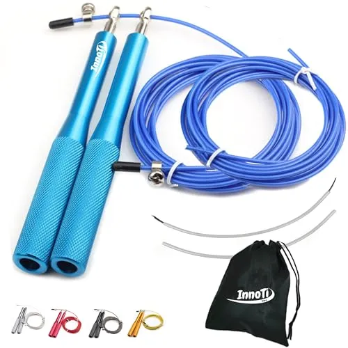 InnoTi Springseil Erwachsene Fitness für Damen & Herren – Speedrope Springseil Crossfit für Boxen – Anti-Rutsch Leichte Aluminium Griffe für Double Unders – Verstellbar und Mit Extraseil (BLAU)