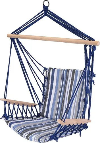 Trendyshop365 Hängesessel Hängestuhl Hängesitz bis 120 kg belastbar (blau) - Bequemer Hängesessel für drinnen und draußen mit zwei Holzarmlehnen. Maße: 46cm x 94cm, Höhe 105cm, ideal zum Entspannen auf Terrasse oder Balkon. Langlebig und leicht mit nur 1,8 kg.