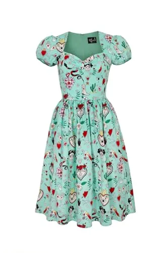 Hell Bunny Tijuana Kleid Rockabilly Gotisch Midi Blumen Schlange Herzvogel, Mehrfarbig, L