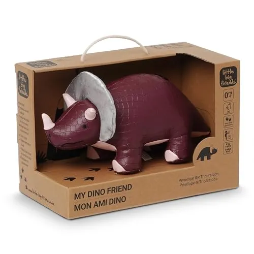 Little Big Friends Dino Friends | Stimuliert die Sinne mit Farben, Texturen und Einer bimmelnden Glocke | Veganes Leder | Leicht zu reinigen | Penelope der Triceratops