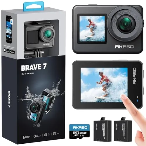 AKASO Brave 7 Action Cam 4K mit 64GB microSDXC - Actionkamera mit 20MP und IPX8 Wasserdichtigkeit, ideal für Unterwasseraufnahmen und Extremsportarten. Genießen Sie gestochen scharfe Videos und Bilder mit EIS 2.0 für stabile Aufnahmen.