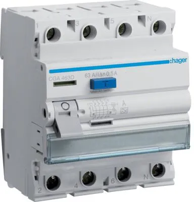 Hager CGA463D FI-Schutzschalter 4P 63A 500mA - FI Typ A - 4-poliger Fehlerstromschutzschalter mit Bi-Connect-Klemmen und externer Test-Taste für einfache Handhabung. Ideal für sicheren Stromschutz in Wohn- und Gewerbeinstallationen.