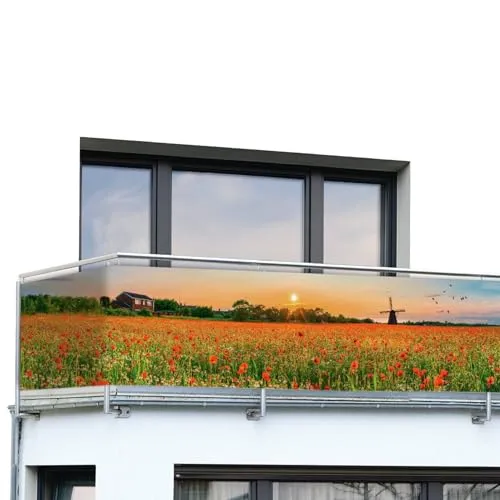 Maximex Balkon-Sichtschutz Mohnfeld, 5m blickdicht - Blickdichter Balkon-Sichtschutz mit Mohnfeld-Motiv, ideal für mehr Privatsphäre. Wetterfest, reißfest und zuschneidbar – perfekt für jeden Balkon oder Garten. Schnelle Montage ohne Bohren dank mitgelieferter Kabelbinder.