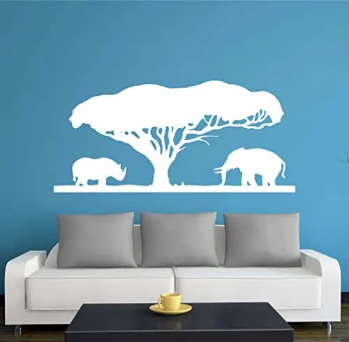 Indigos UG - Wandtattoo Wohnzimmer - Wandaufkleber Afrika - Steppe Nashorn mit Löwe 80x37cm, weiss w550 - Aufkleber Kinderzimmer Schlafzimmer Küche Badezimmer Büro Dekoration