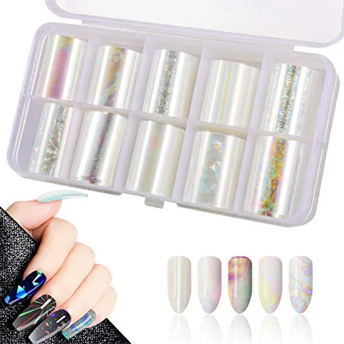 Rolls White Pearl Color Holographic Nail Art Foil Sticker, Mwoot Nail Transfer Aufkleber Sternenhimmel Nail Wraps Transfer Aufkleber Kit Nagelfolie Transfer (0.98inchs39.37inchs/2.5cm100cm) 10