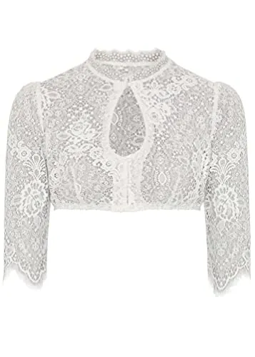Spieth & Wensky Plätzchen-Dirndlbluse 3/4 Arm Creme 32 - Elegante Dirndlbluse mit Allover-Spitze und Tropfenausschnitt, perfekt für festliche Anlässe und traditionelle Trachtenmode.
