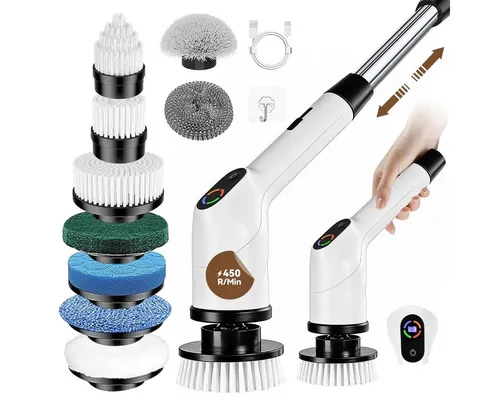 Novzep Reinigungsbürste Elektrische Reinigungsbürste mit 10 Austauschbaren Bürstenköpfen, (3 Geschwindigkeiten, Akku-Oberflächenbürste,4000mAh), Verstellbarem Griff, Wasserdicht