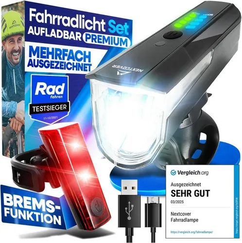 Nextcover Fahrradbeleuchtung Set mit LightSense Sensor - Fahrradbeleuchtungsset mit 80 Lux und 11 Stunden Akkulaufzeit, ideal für sicheres Fahren bei Dunkelheit.