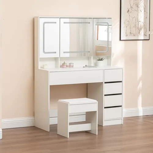 Schminktisch mit Beleuchtung und Hocker - Weiß - Moderner Schminktisch mit 5 Schubladen und rechteckigem Spiegel, ideal für Mädchen und Frauen. Perfekt für jedes Zimmer und sorgt für ein stilvolles Make-up-Erlebnis.