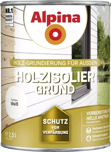Alpina Holzisolier-Grund Weiß 2,5 Liter - Grundierung für Holz, verhindert Durchschlagen von Verfärbungen und verbessert die Haftung nachfolgender Anstriche. Schnell trocknend und atmungsaktiv, ideal für bis zu 33m².