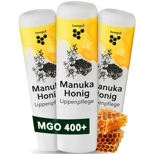 beegut Manuka Lippenpflege – Lippenbalsam mit Manuka Honig MGO 400+, Propolis & Bienenwachs – spendet Feuchtigkeit & schützt intensiv – natürliche Lippenpflege für sehr trockene Lippen