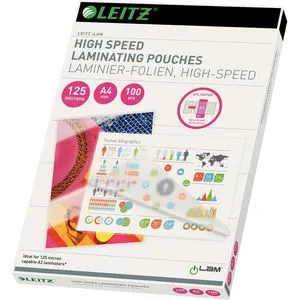 LEITZ 100 Laminierfolien glänzend für A4 125 micron - Laminierfolien 125 micron - Schützen Sie Ihre Dokumente mit 100 hochwertigen LEITZ Laminierfolien, die für brillante Farbwiedergabe und eine schnelle Laminierung sorgen. Ideal für A4-Dokumente!