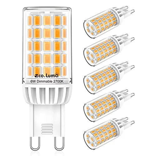 G9 LED Dimmbar Lampen 6W, Warmweiß 2700K Glühbirnen Ersatz für 50W 60W Halogenlampen, Standard G9 Sockel Birne Kein Flackern, AC220-240V, 360° Abstrahlwinkel LED Leuchtmittel, 5er Pack, Eco.Luma