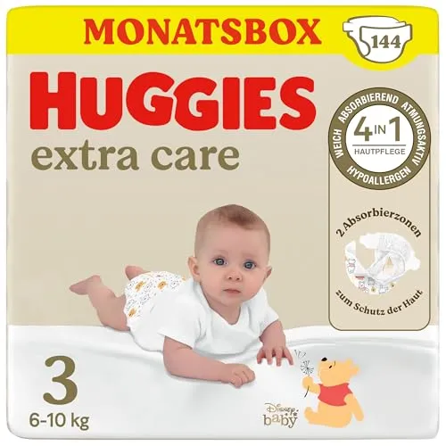 Huggies Babywindeln Extra Care mit Disney-Design Größe 3 - 144 Windeln - Windeln mit 4-in-1 Hautpflege, hypoallergen und dermatologisch getestet. Mit Winnie Puuh-Design für mehr Wickelspaß und einem Nässeindikator für optimale Pflege.