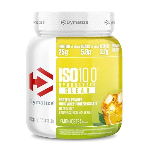 Dymatize ISO 100 Hydrolized Clear Whey Protein Pulver Lemon Ice Tea 512g - Hochwertiges Molkenproteinisolat mit 25 g Protein pro Portion. Ideal für Fitness-Enthusiasten, zucker- und fettfrei, glutenfrei und für Vegetarier geeignet. Geprüfte Qualität für mehr Sicherheit.