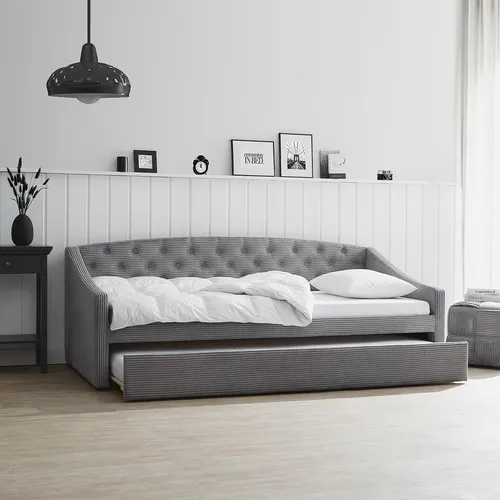 Homestyle4u 2594 Sofa Couch Schlafsofa mit Bettkasten - Bequeme ausziehbare Couch in modernem Grau, ideal als Gästebett mit 90x200 cm Liegefläche und praktischem Bettkasten – perfekt für kleine Räume.