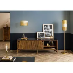 Massivmoebel24 Sideboard LOS ANGELES #106 - Luxus-Sideboard aus braun geöltem Mango-Massivholz und schwarzem Granit, ideal für stilvolles Wohnen mit optimalem Stauraum für HiFi-Geräte und Dekoration.