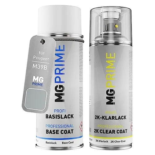 Produktbild MG PRIME Autolack 2K Spraydosen Set für Peugeot M39B Gris Gallium Metallic/Gallium Grau Metallic Basislack 2 Komponenten Klarlack Sprühdose
