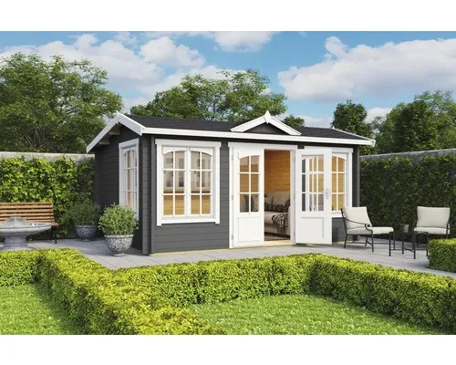 Gartenhaus Blockhaus Satteldach 44 mm Windsor 44 grau - Gartenhaus aus 44 mm Blockbohlen, abschließbar und mit isolierverglasten Fenstern. Ideal für Gartenliebhaber, die zusätzlichen Stauraum und eine stilvolle Gestaltung suchen.