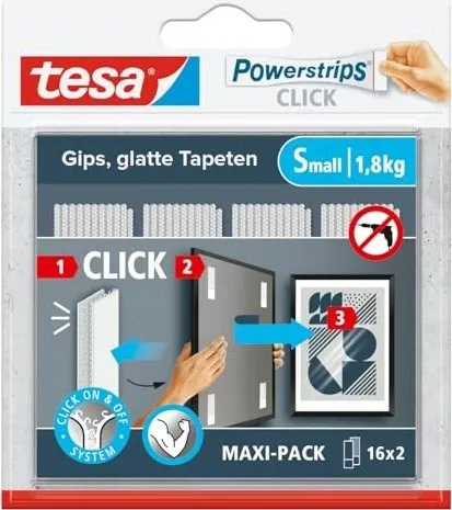 tesa Powerstrips CLICK Klett-Klebepads, Small 1,8 kg (16 x 2 Stück) Klett-Klebepads, ohne Bohren