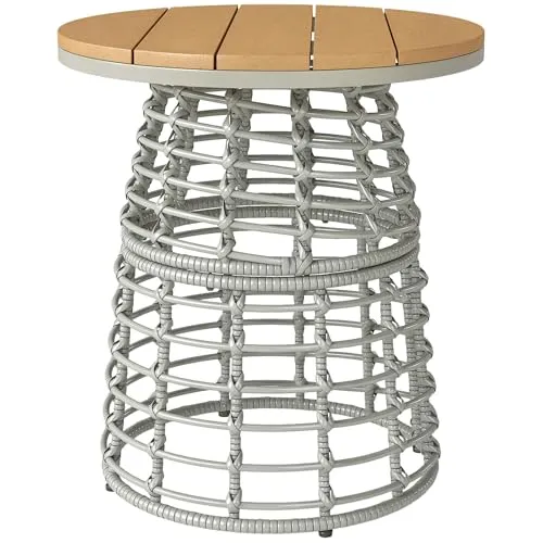 Outsunny Garten Couchtisch, runder Outdoor Beistelltisch aus Harz in Rattanoptik Metall und Kompositplatte, Ø 45 x 50 cm grau