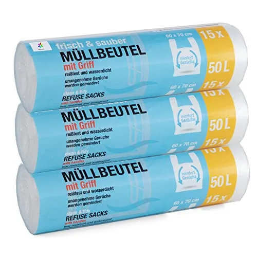 Stück Müllbeutel Premiumline: 50 Liter, 3er Pack, Größe: 60 x 70 cm - Besonders reißfest und wasserdicht - Mit Trage-Griff/Henkel 45