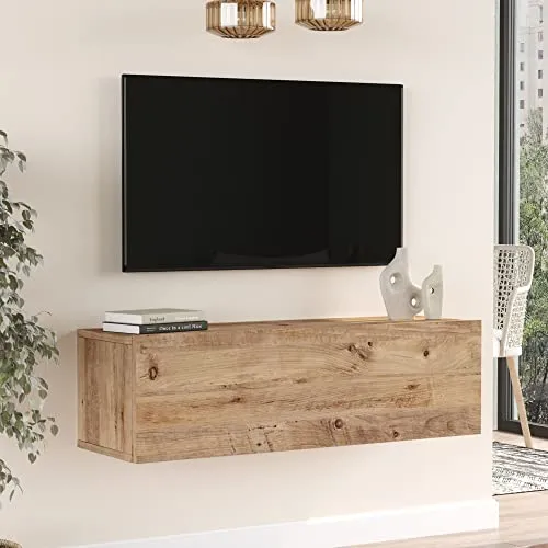[en.casa] TV Hängeboard Lapinlahti Lowboard 100 cm - TV-Halterungen: Stilvolles Hängeboard in Eiche rustikal mit Schranktür für praktischen Stauraum und einfachen Aufbau.