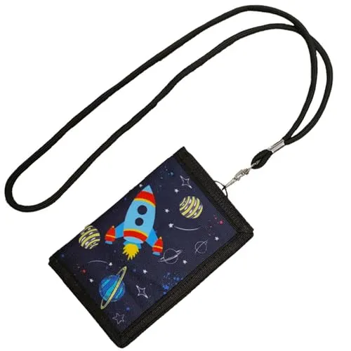 HJDJBD Weltraum Motiv Kinder Brustbeutel,Geldbeutel,Portemonnaie Jungen,Portmonee,Geldbörse,Metallkette Jungs zum Umhängen Kindergeldbeutel Kinder-Geldbörsen mit Schlüsselband,für Teenager,Mädchen