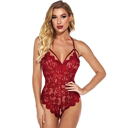 KOEMCY Body Dessous Damen Sexy Body Dessous Set Spitze Bodysuit Tiefer V-Ausschnitt Negligee Spitze Lingerie Top Einteiliger Babydoll Negligee Erotisches Reizwäsche Lingerie (Rot, XXL)