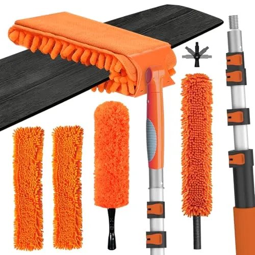 LAANPOLE 6M Staubwedel Teleskop Waschbar, Spinnwebenbesen mit Teleskopstiel, Staubwedel lang mit austauschbarem Reinigungstuch zum Reinigen von Deckenventilatoren, Decken, Lücken