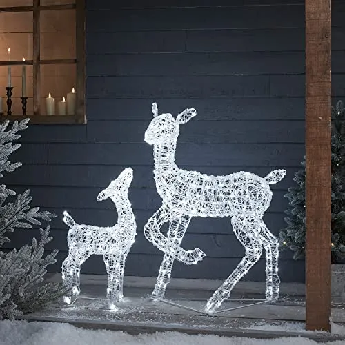 Lights4fun Swinsty LED Rentier Acryl REH und Rehkitz 90cm & 60cm weiß Weihnachtsfigur Rentier Timer Weihnachtsbeleuchtung Außen Innen Rentier Beleuchtet aussen