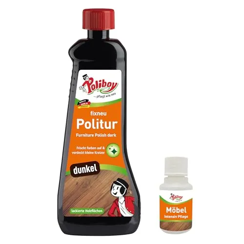 POLIBOY fixneu Politur dunkel - Möbelpolitur für dunkle lackierte Hölzer - farbauffrischende Holzpolitur - 500ml - Mit Produkt-Probe - Made in Germany
