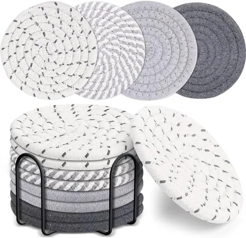 Tootesa Untersetzer für Getränke,8 Stück Handgemachte Untersetzer Gläser mit Halter,Runde Untersetzer aus Baumwolle,Abwaschbar Verschleißfest Tasse Matten Tisch Deko (Graue 4-Farben)