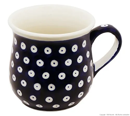 Bunzlauer Keramik Becher 250ml - Bauchig mit Ausgestellt Rand Dekor 42 - Becher aus handgefertigter Bunzlauer Keramik, langlebig und hitzebeständig. Ergonomischer Henkel für besten Halt, ideal für Kaffee, Tee und mehr. Einzigartige Ästhetik für jeden Anlass!