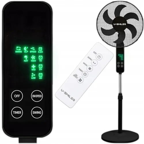 U-SMILER Standventilator mit Fernbedienung, 55W, 43 cm - Standventilator mit 6 Rotorblättern für leise Luftzirkulation, 90° Oszillation und 3 Geschwindigkeiten. Ideal für Schlafzimmer und Büros, inklusive Fernbedienung und Timer-Funktion für maximalen Komfort.
