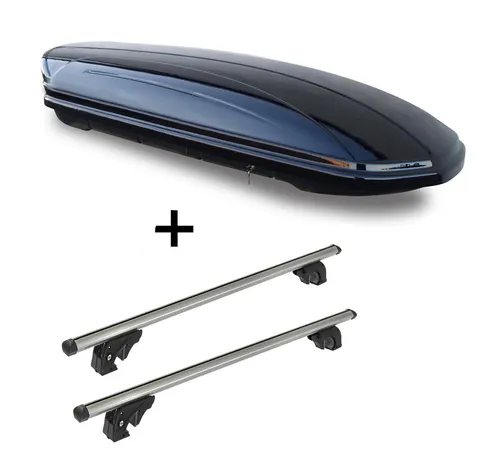 Dachbox VDPMAA580 580Ltr abschließbar schwarz + Dachträger VDP LION1 für Hyundai Atos - Gepäckträger Set mit 580L Dachbox und robustem Aluminium-Dachträger für Hyundai Atos (5 Türer) 97-08. Maximieren Sie den Stauraum und genießen Sie einfache Montage und Sicherheit durch Zentralverriegelung.