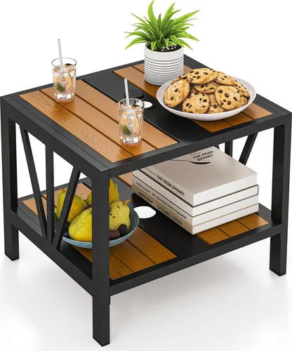 COSTWAY Beistelltisch Outdoor wetterfest - Gartentisch mit 4 cm Sonnenschirmloch und praktischem 2-stufigen Design für optimalen Stauraum. Ideal für Balkon, Terrasse oder Garten.