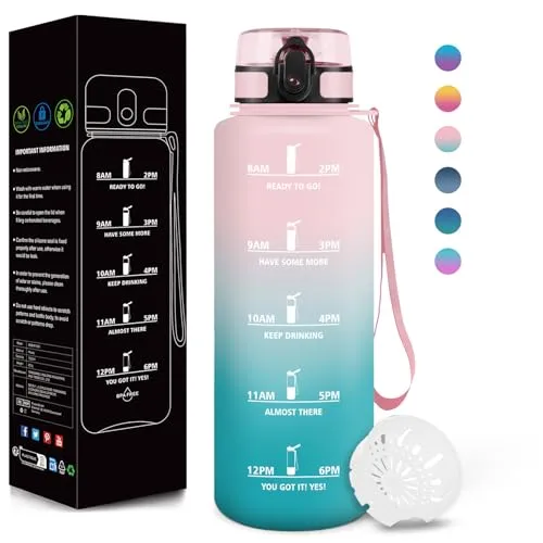 Motswedi Trinkflasche, 1500ML BPA-Frei, Wasserflasche, Auslaufsicheres Schlossdesign, Trinkflaschen, Mit Zeitmarkierung, Ttrinkflasche Sport Auslaufsicher für Sports, Camping - Rosa&Türkis