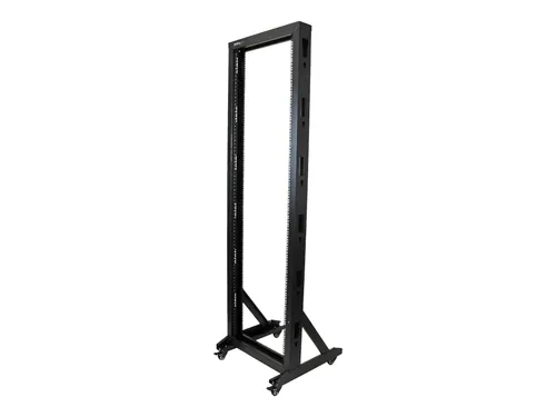 StarTech.com 2 Post Server Rack mit Rollen 42HE - Offenes Stahlserver-Rack mit 42HE, ausgestattet mit 4 Lenkrollen für einfache Mobilität und TAA-konform, ideal für flexible Serverlösungen.
