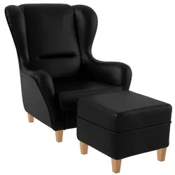 Supellex Ohrensessel Sofia Relaxsessel mit Hocker in Milano Schwarz - Ohrensessel im eleganten Milano Schwarz, ideal als Fernsehsessel oder Lesesessel. Hochwertiges Kunstleder, außergewöhnlicher Komfort und massive Buchenholzfüße bieten Stabilität und Stil.