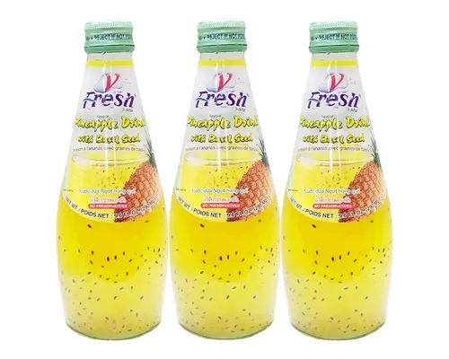 V-Fresh Softgetränk, V Fresh Ananas Basilikum Getränk mit Basilikumsamen 290ml 3er Pack