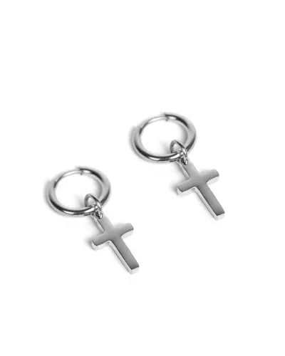 Kreuz Creolen Ohrringe für Herren und Damen - Ohrringe mit Cross Anhänger aus Edelstahl und 18K Gold - Wasserfeste Ohrringe - 2er Set (Silber)