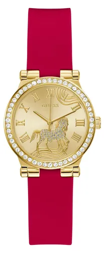 Guess GW0937L1 Damenuhr Fawn 32mm - Elegante Goldfarbe mit Silikonarmband - Stylische Damenuhr mit goldfarbenem Zifferblatt und Zirkonia-Besatz. Wasserdicht bis 3 ATM, ideal für den täglichen Einsatz. Modernes Design mit Silikonarmband in Rot.