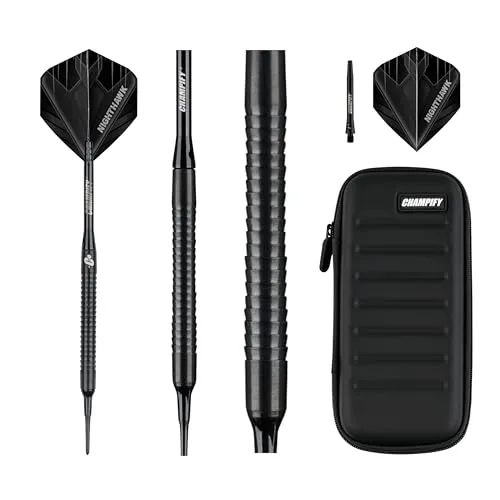 Champify® 18g Tungsten Soft-Darts Set “Nighthawk” mit Kunststoff-Spitze und schwarzer Darttasche | 3 Darts mit 9 Alu-Schäften & 9 Flights & 30 Softdart-Spitzen | Dartpfeile mit Plastik-Spitzen