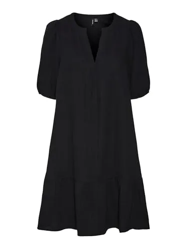 Vero Moda VMNATALI Sommerkleid - Drapiertes, knielanges Kleid aus 100% Baumwolle in Schwarz, ideal für warme Tage. Perfekte Passform mit Tunika-Ausschnitt und Halbärmeln.