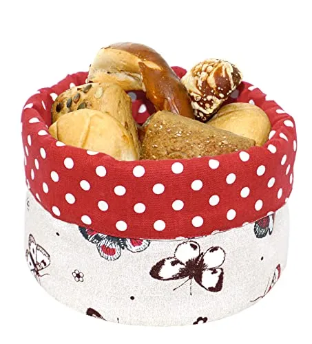 Lashuma Brotkorb rund, Krempelkorb Ø 22 cm Höhe: 13 cm, Stoffkörbchen beige - rot Druck: Schmetterlinge